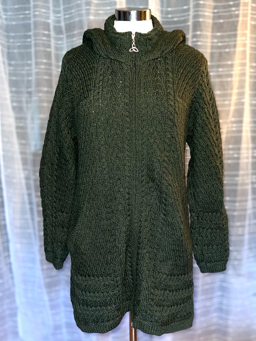 Aran Craft WORN ONCE Merino Wool Zip-Front Hooded Sweater Cardigan Army Green Lg